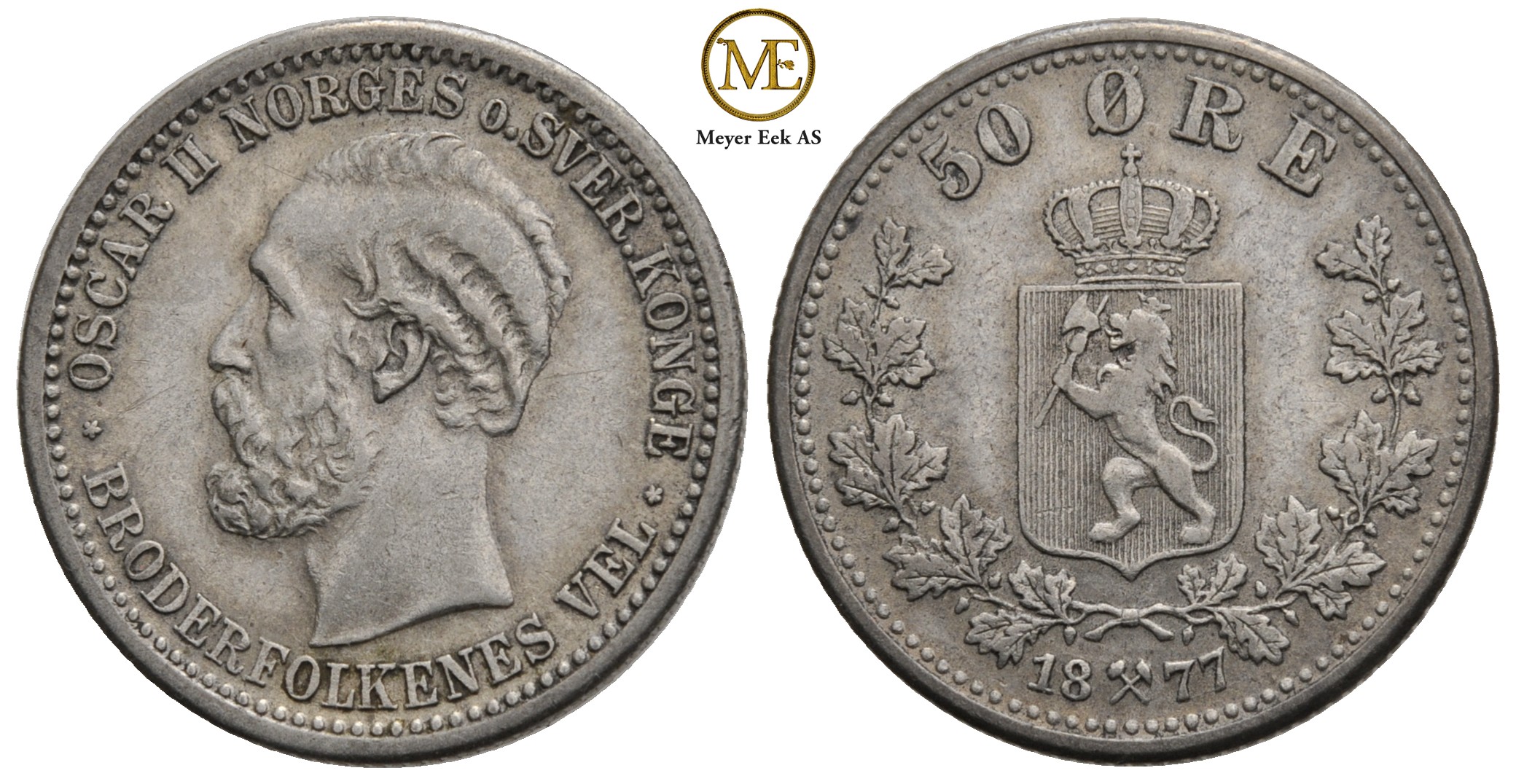 50 øre 1877 Oscar II. Kv.1+