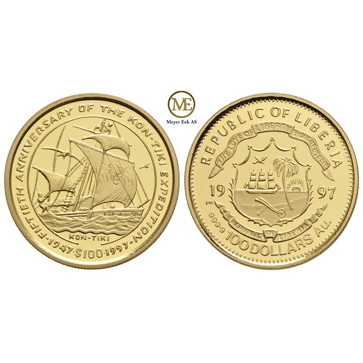 100 Dollars 1997 Liberia gull og sølv. Kon-Tiki mynter