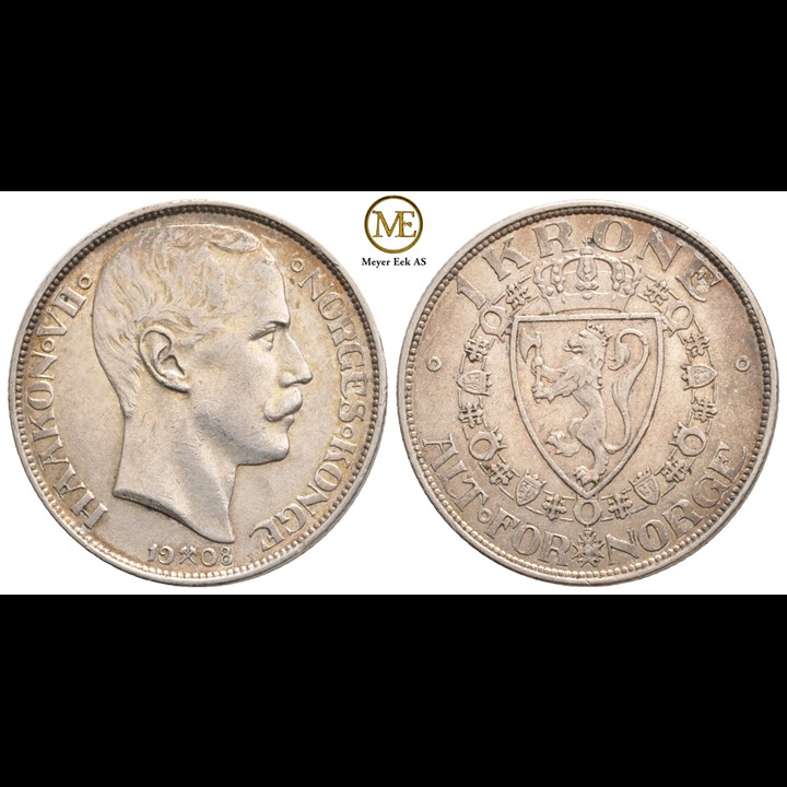 1 krone 1908 u/p Haakon VII. Kv.01