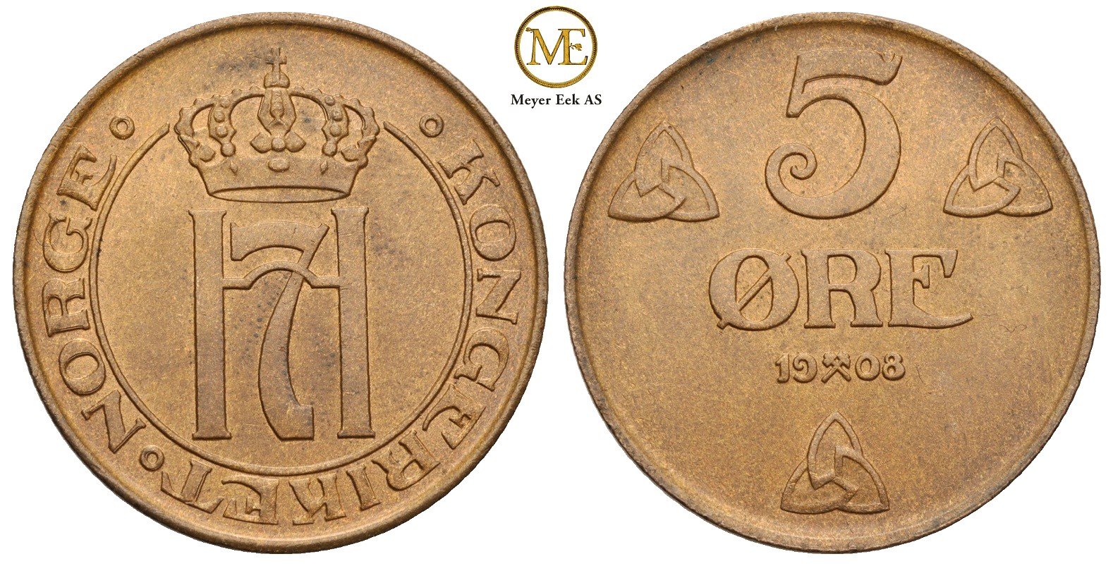 5 øre 1908 Haakon VII. Kv.0 Fra L.E.Bruun`s samling